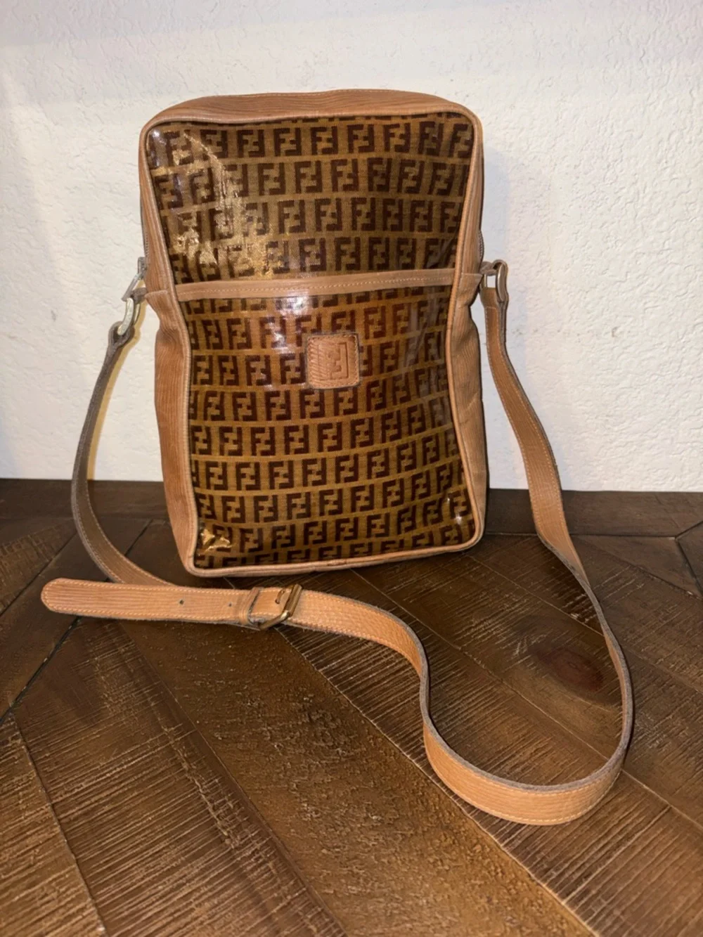 Vintage Fendi Zucca FF Monogram Crossbody Bag Brown Italy